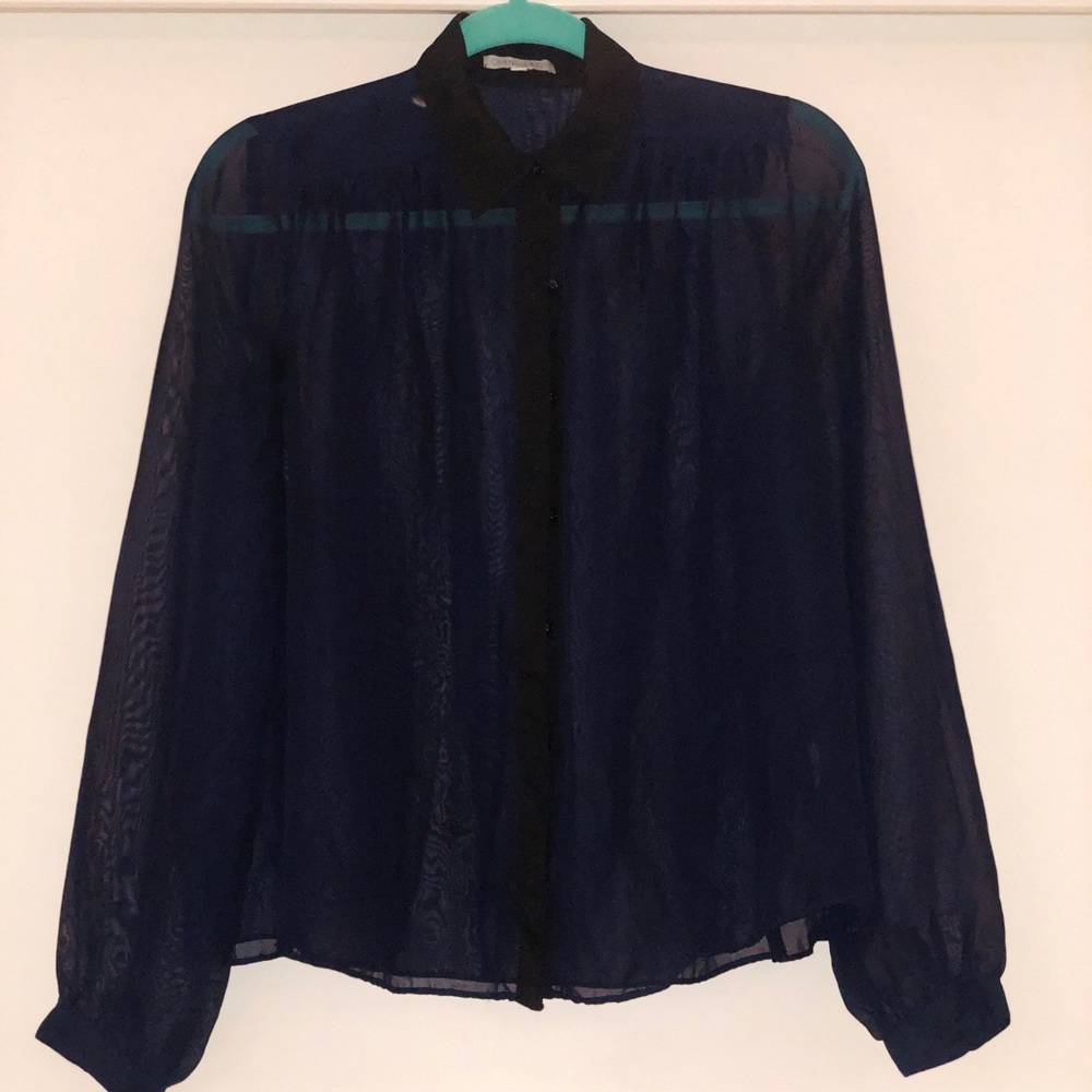 Cristelle & Co. Sheer, navy and black blouse.